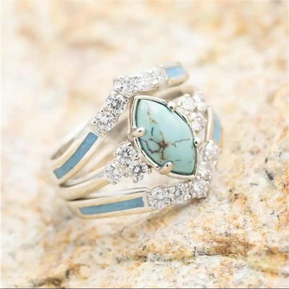 3 Pieces/Set Women's Silvertone Multilayer Turquoise/Moissanite Rings